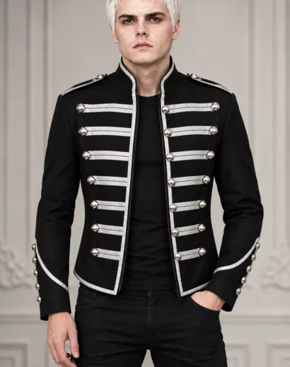 Men's Gothic Punk Jacket with an open front, black wool fabric, silver braided detailing, and ornate military buttons, styled as a Black Parade Jacket for alternative fashion and rock concert cosplay