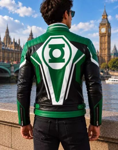 Men's green black leather jacket back view featuring a large Green Lantern-inspired emblem, white detailing, and premium motorcycle jacket styling.