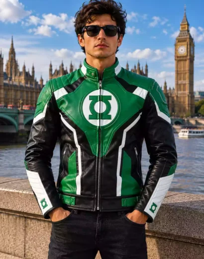 Men's green leather jacket front view featuring a bold green and black design, white detailing, high collar, and premium leather construction