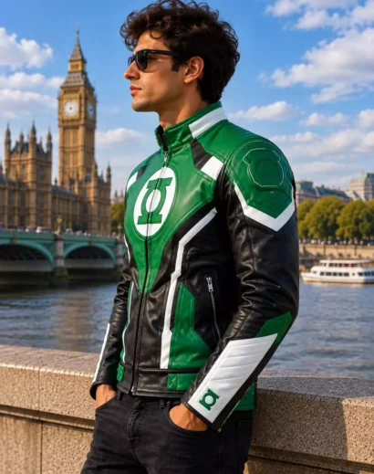 Men's green leather motorcycle jacket shown from the side with black leather sleeves, white accents, padded shoulders, and a modern moto design.