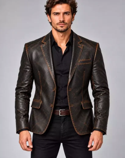 mens-leather-blazer-lapel-button-pocket-detail Close-up details of a distressed leather blazer showing notched lapels, front buttons, and flap pockets