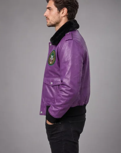 Men's purple leather aviator jacket with a black collar, front pockets and statement styling.
