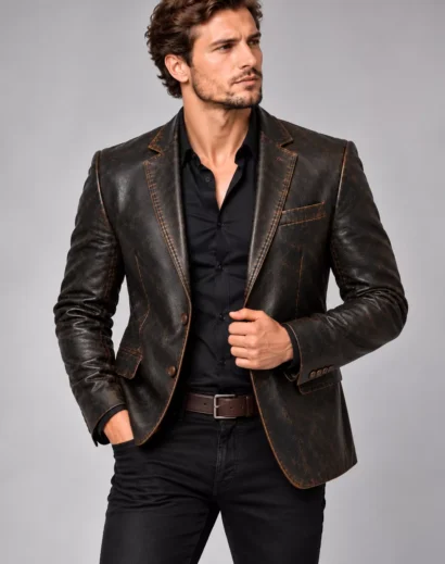 mens-vintage-distressed-leather-blazer-model Model wearing a men's vintage distressed leather blazer with a brown black finish and tailored fit