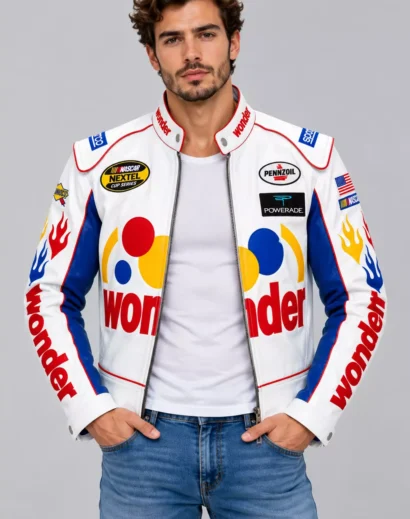 mens-wonder-bread-racing-jacket-open-zip Men's Wonder Bread racing jacket styled open over a white T-shirt, showcasing the Ricky Bobby outfit and retro motorsport look.