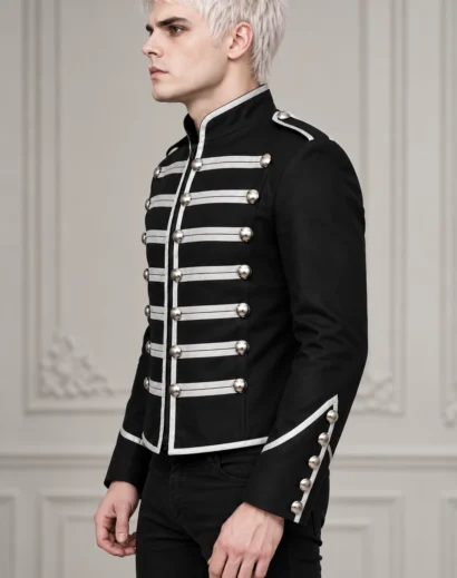 Side profile of a Men's Black Wool Military Drummer Jacket featuring silver trim, detailed sleeve buttons, structured shoulders, and a Hussar Style Jacket silhouette inspired by vintage military uniforms.