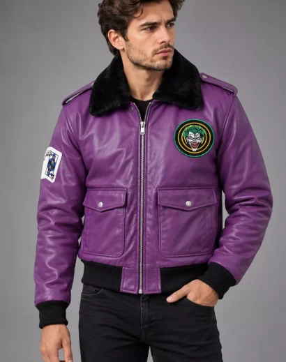 Purple leather bomber jacket with a plush black fur collar, ribbed cuffs and hem.