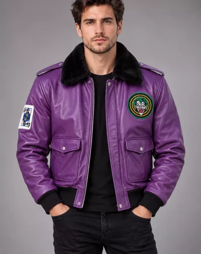 Men's purple leather bomber jacket with a bold purple finish and classic bomber silhouette.