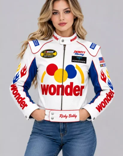 ricky-bobby-wonder-bread-jacket-women-front Women's Ricky Bobby Wonder Bread jacket featuring a white racing design, red and blue accents, sponsor patches, and bold graphics.