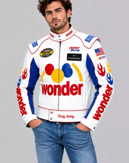 Men's Ricky Bobby Wonder Bread racing jacket featuring white leather, red piping, blue panels, and colorful racing graphics.