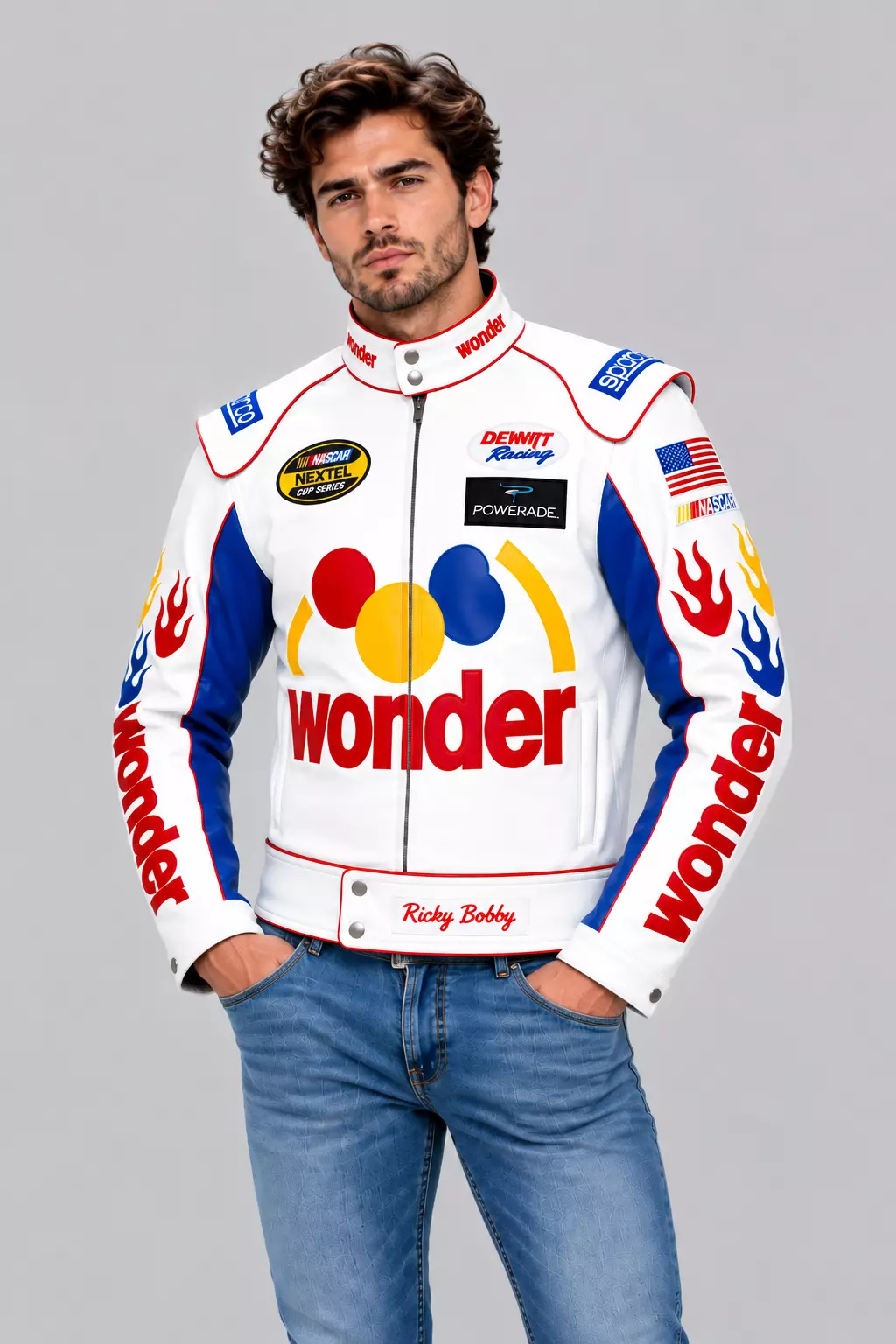 ricky-bobby-wonder-bread-racing-jacket-men-front Men's Ricky Bobby Wonder Bread racing jacket featuring white leather, red piping, blue panels, and colorful racing graphics.