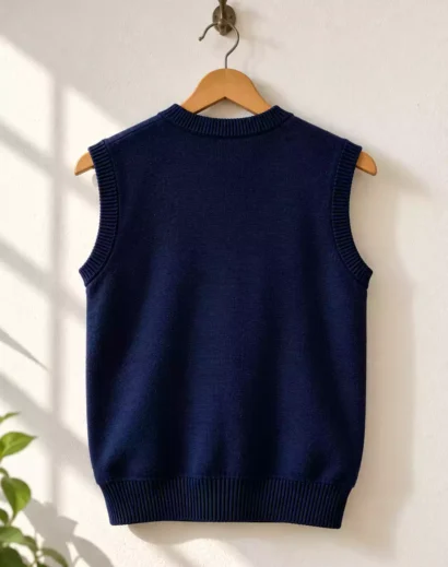 sleeveless-navy-knit-vest-back Back of a navy sleeveless knitted vest displayed on a wooden hanger against a natural cream wall.