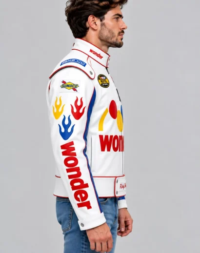 talladega-nights-jacket-men-right-profile Men's Talladega Nights inspired racing jacket showing the white leather body, colorful flame sleeves, and Wonder lettering.