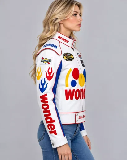 talladega-nights-racing-jacket-women-profile Women's Talladega Nights inspired racing jacket with white leather, colorful sleeve flames, sponsor patches, and Wonder branding.