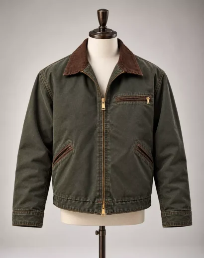 The Dog Stars Movie Jacket displayed on a mannequin with an olive green finish and brown contrast collar