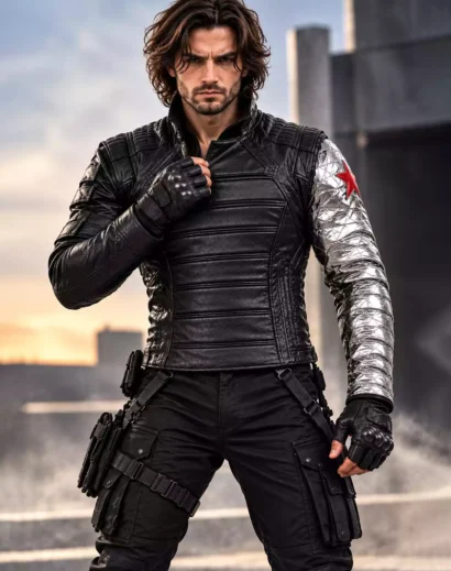 winter-soldier-bucky-barnes-black-leather-jacket-model Winter Soldier Bucky Barnes black leather tactical jacket modeled with metallic silver sleeve and red star