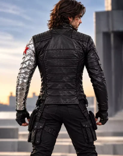 winter-soldier-bucky-barnes-jacket-back-model Winter Soldier Bucky Barnes black tactical leather jacket shown from back on male model with silver sleeve