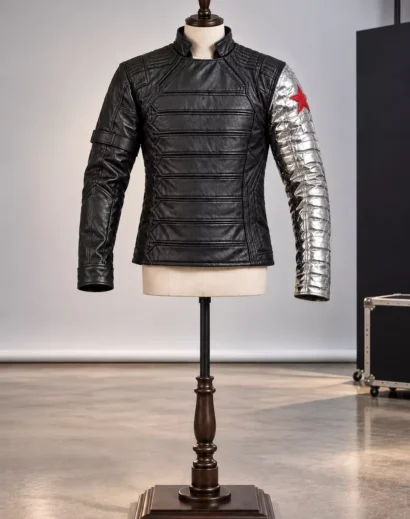 winter-soldier-bucky-barnes-tactical-leather-jacket-sitting Winter Soldier Bucky Barnes tactical leather cosplay jacket worn by male model in seated pose with silver sleeve