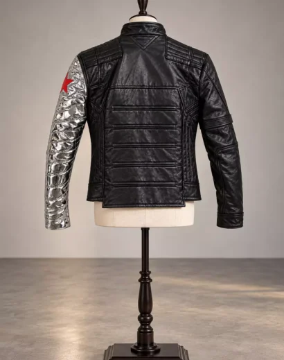 winter-soldier-jacket-back-view-mannequin Winter Soldier black tactical leather jacket back view with silver sleeve and red star on mannequin