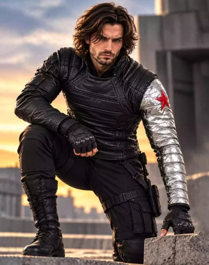 winter-soldier-tactical-leather-cosplay-jacket-full-view Winter Soldier inspired tactical leather cosplay jacket on male model with full silver sleeve and red star