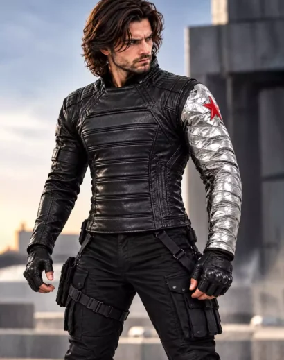 winter-soldier-tactical-leather-jacket-mannequin-studio Winter Soldier tactical leather cosplay jacket displayed on mannequin in professional studio setting