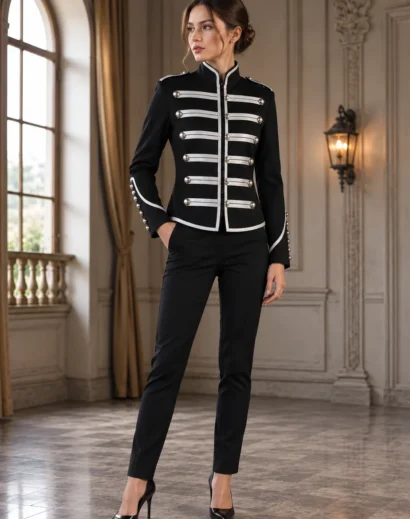 Full body fashion photo of a woman wearing a Black Parade Jacket with silver trim, fitted black trousers, and heels, showcasing an ornate Military Parade Uniform inspired by Gothic punk and rock band stage fashion.