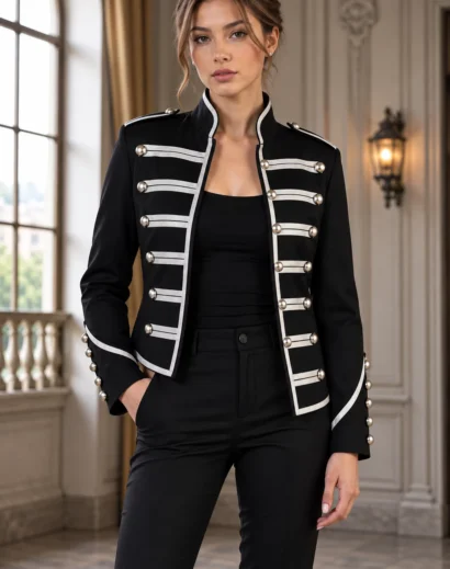 Woman modeling a Black Wool Drummer Jacket with metallic buttons, silver braided chest details, and a tailored waist, a Gothic Military Jacket design for parade costumes, cosplay, and alternative fashion.
