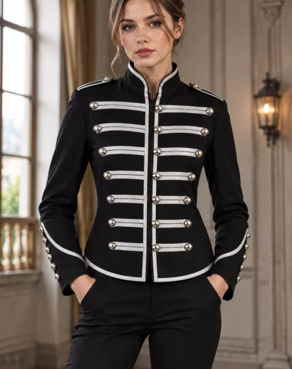 Woman wearing a Gothic Black Military Jacket with Silver Trim, featuring a high collar, decorative silver buttons, and elegant braided bands, styled as a Military Style Wool Coat for alternative fashion.