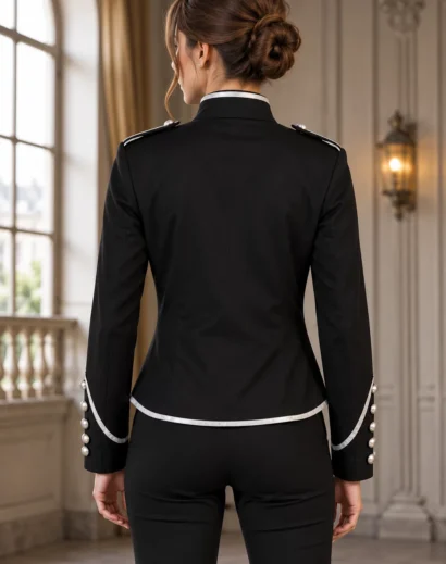Woman showcasing a Gothic Punk Parade Coat in black wool with silver braided details and decorative buttons, inspired by the My Chemical Romance Black Parade Jacket for rock concert cosplay and stage performance.