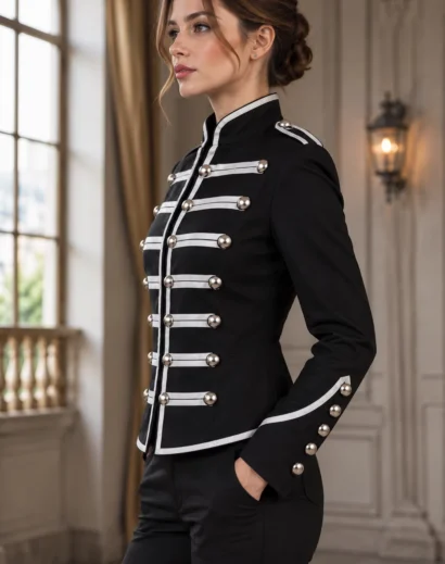 Side profile of a woman wearing a Black Band Uniform Jacket with silver sleeve piping, ornate metallic buttons, and a structured wool design inspired by a vintage military uniform and Hussar Style Jacket.