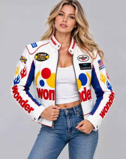 womens-wonder-bread-racing-jacket-open-zip Women's Wonder Bread racing jacket styled open with a white top and blue jeans for a retro motorsport-inspired outfit.