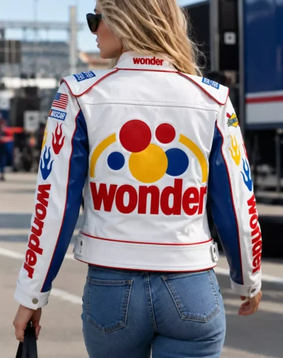 wonder-bread-racing-jacket-women-back Women's Wonder Bread racing jacket viewed from the back, highlighting the colorful circular logo, blue panels, and red Wonder lettering.
