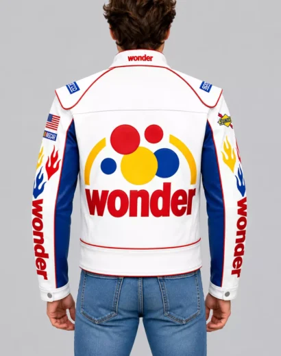 wonder-bread-racing-leather-jacket-men-back Men's white Wonder Bread racing leather jacket with a bold multicolor back graphic and red Wonder branding inspired by Talladega Nights.